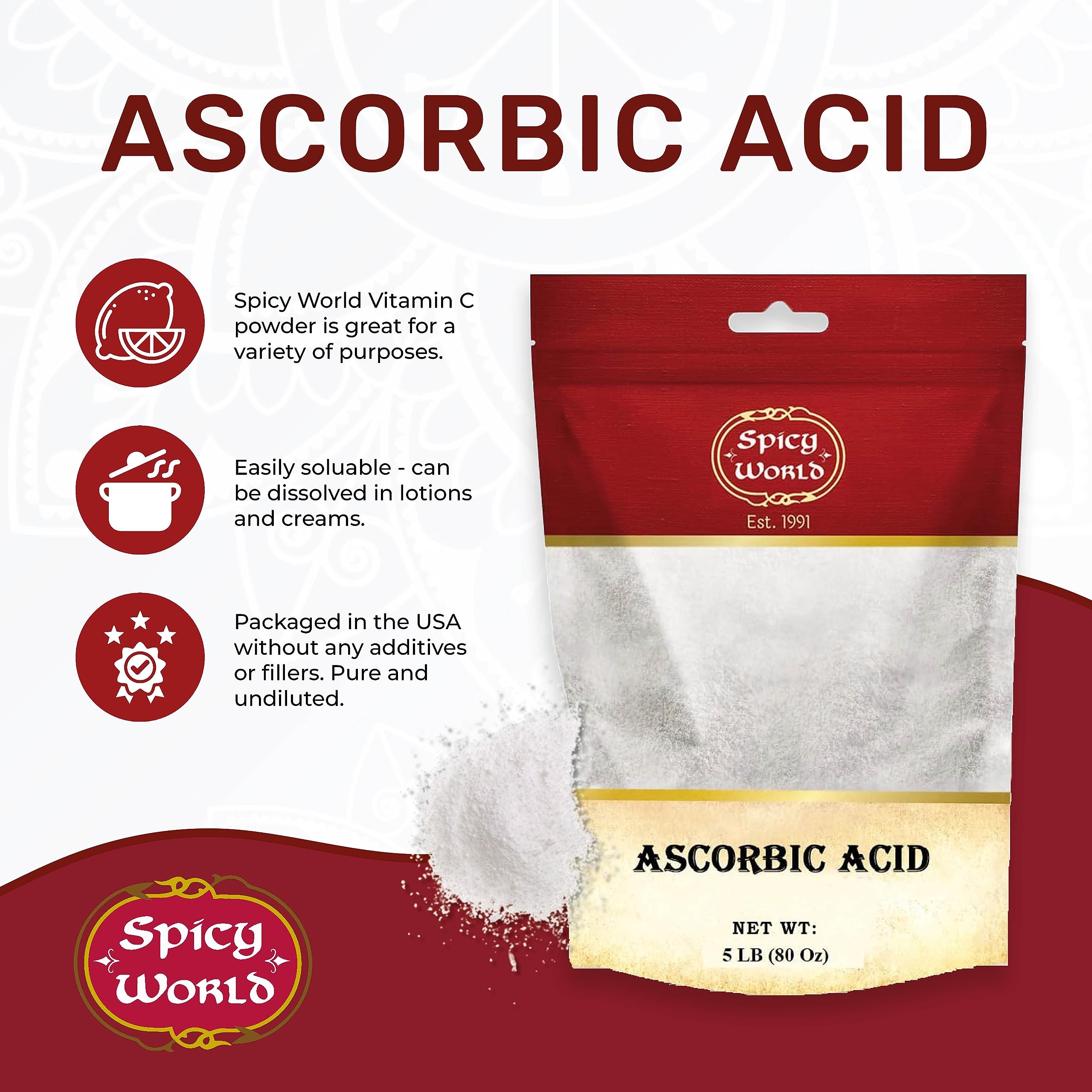 Spicy World Vitamin C powder dissolves easily for recipes and formulations.