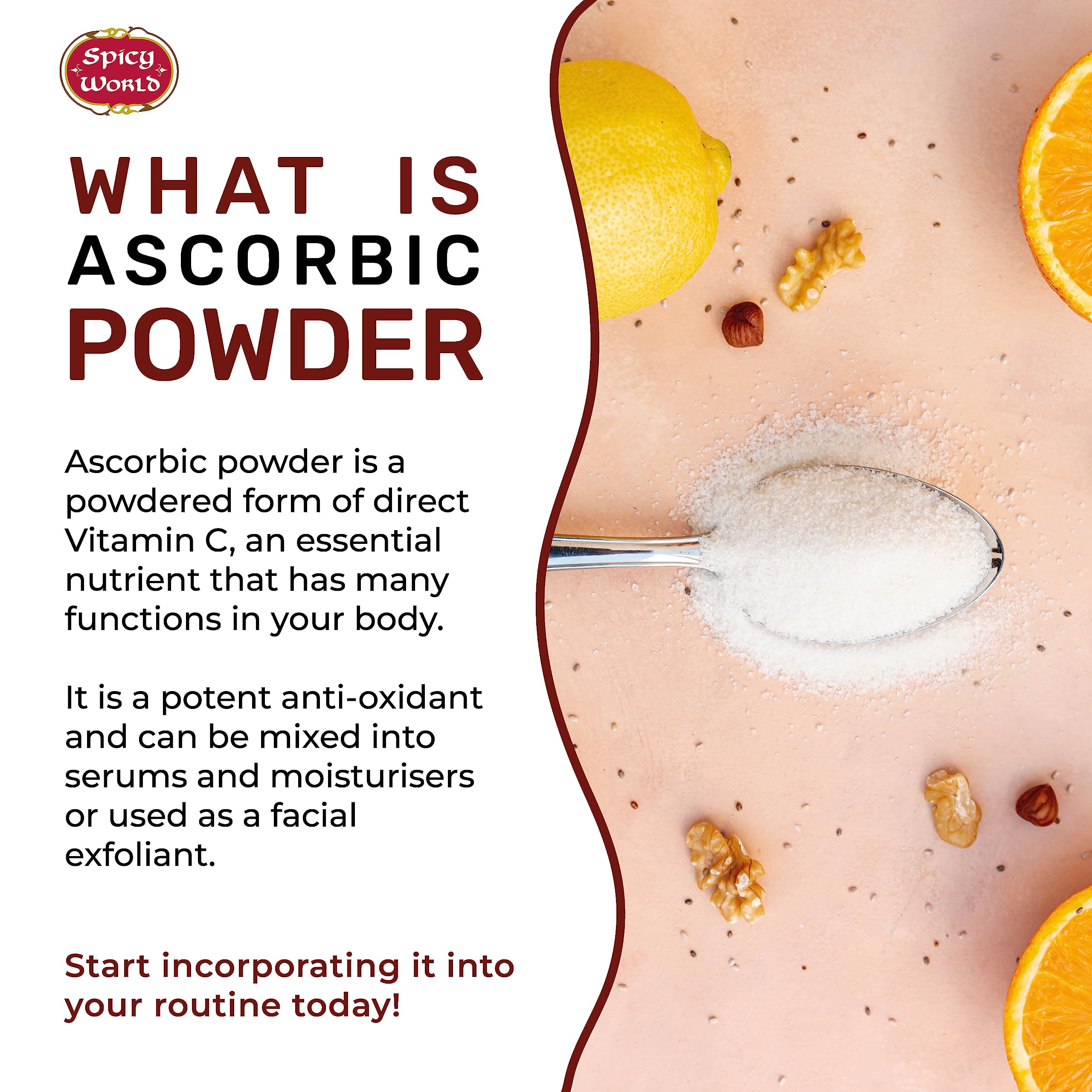 Spicy World Ascorbic acid powder with USP quality for purity.