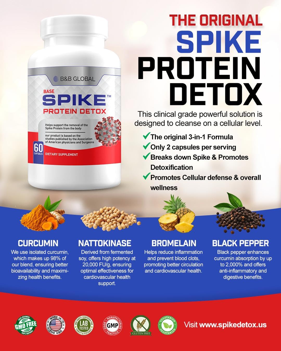 Spike Protein Detox 3-in-1 formula highlights balanced protein support.