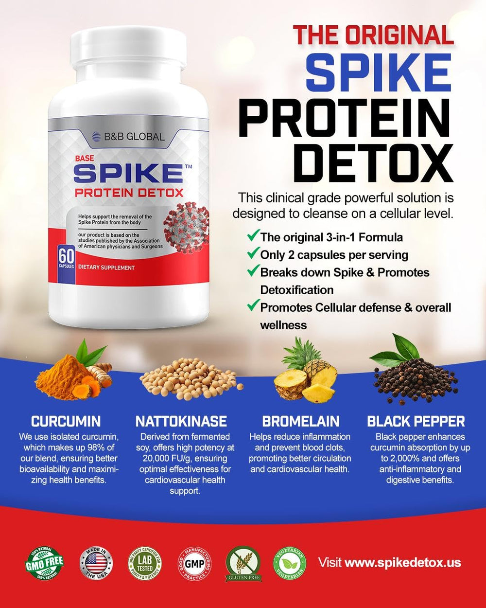 Spike Protein Detox 3-in-1 formula highlights balanced protein support.