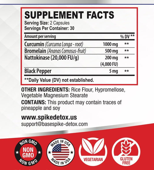 Spike Protein Detox bottle label close-up with 3-in-1 formula.