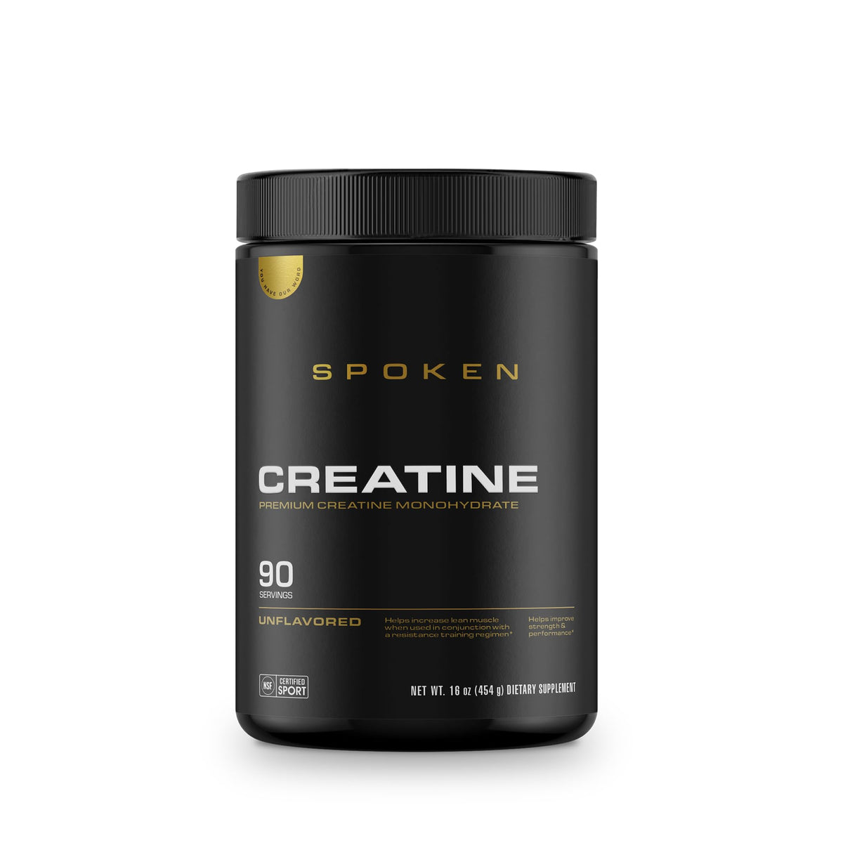 Spoken Creatine Monohydrate bottle showing unflavored powder for lean training support.