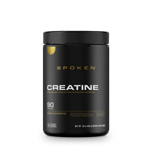Spoken Creatine Monohydrate bottle showing unflavored powder for lean training support.