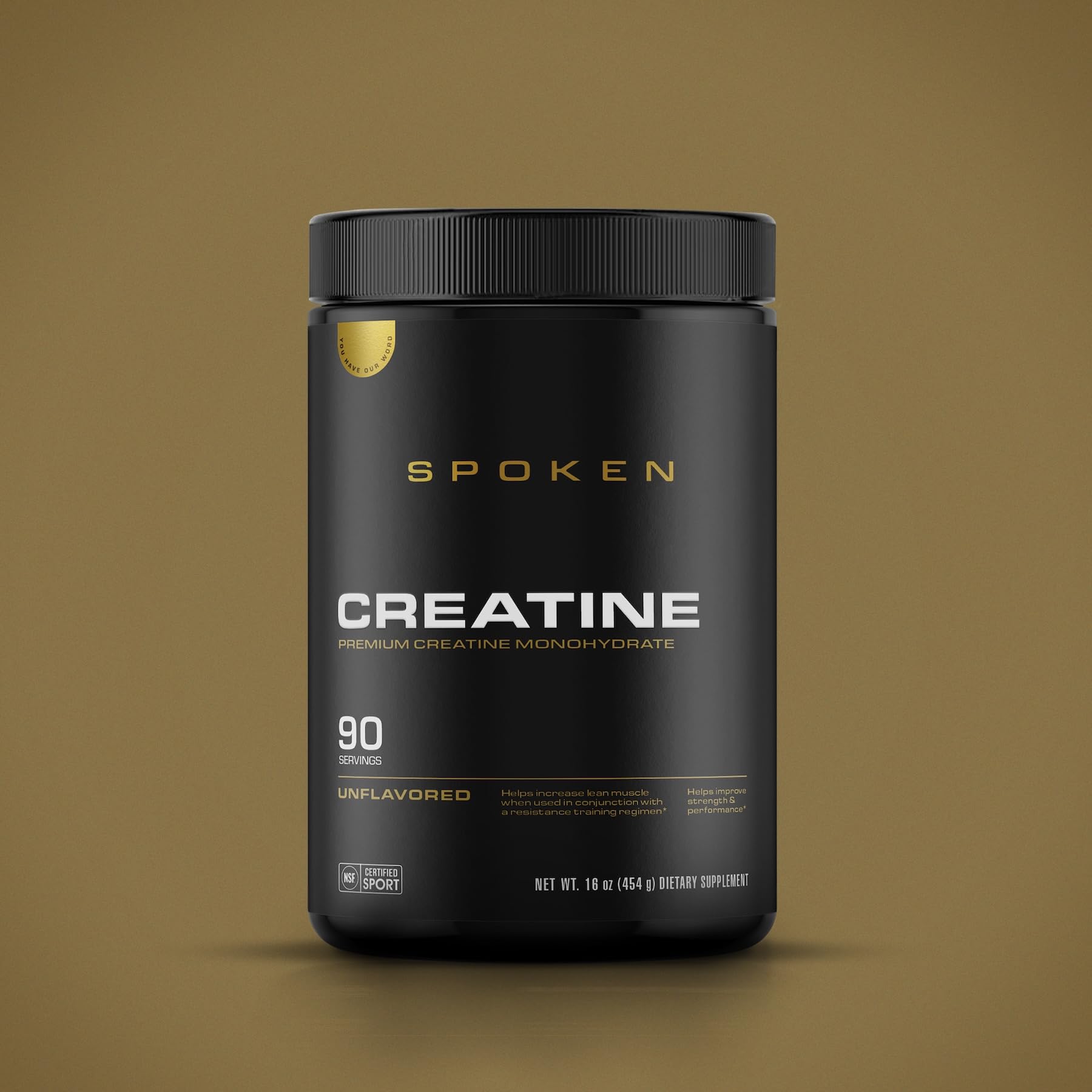 Spoken Creatine powder being mixed in water highlights easy, flavor-free mixability.