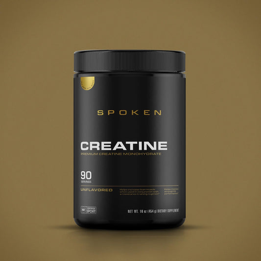 Spoken Creatine powder being mixed in water highlights easy, flavor-free mixability.