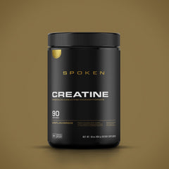 Spoken Creatine powder being mixed in water highlights easy, flavor-free mixability.