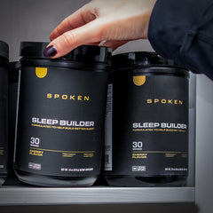 Spoken Nutrition Sleep Builder label closeup highlights cherry flavor and melatonin-free formula.