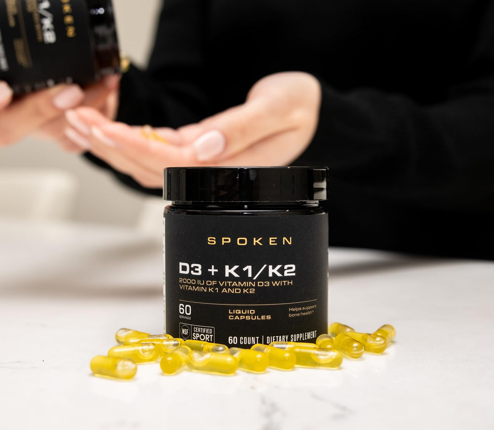 Spoken Vitamin D3 with K1 and K2 daily softgels emphasize calcium utilization for bones