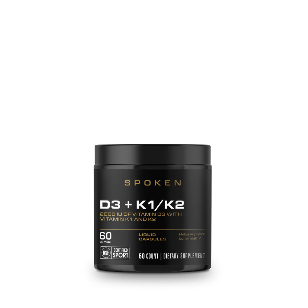 Spoken Vitamin D3 with K1 and K2 softgel bottle for daily bone support and mobility