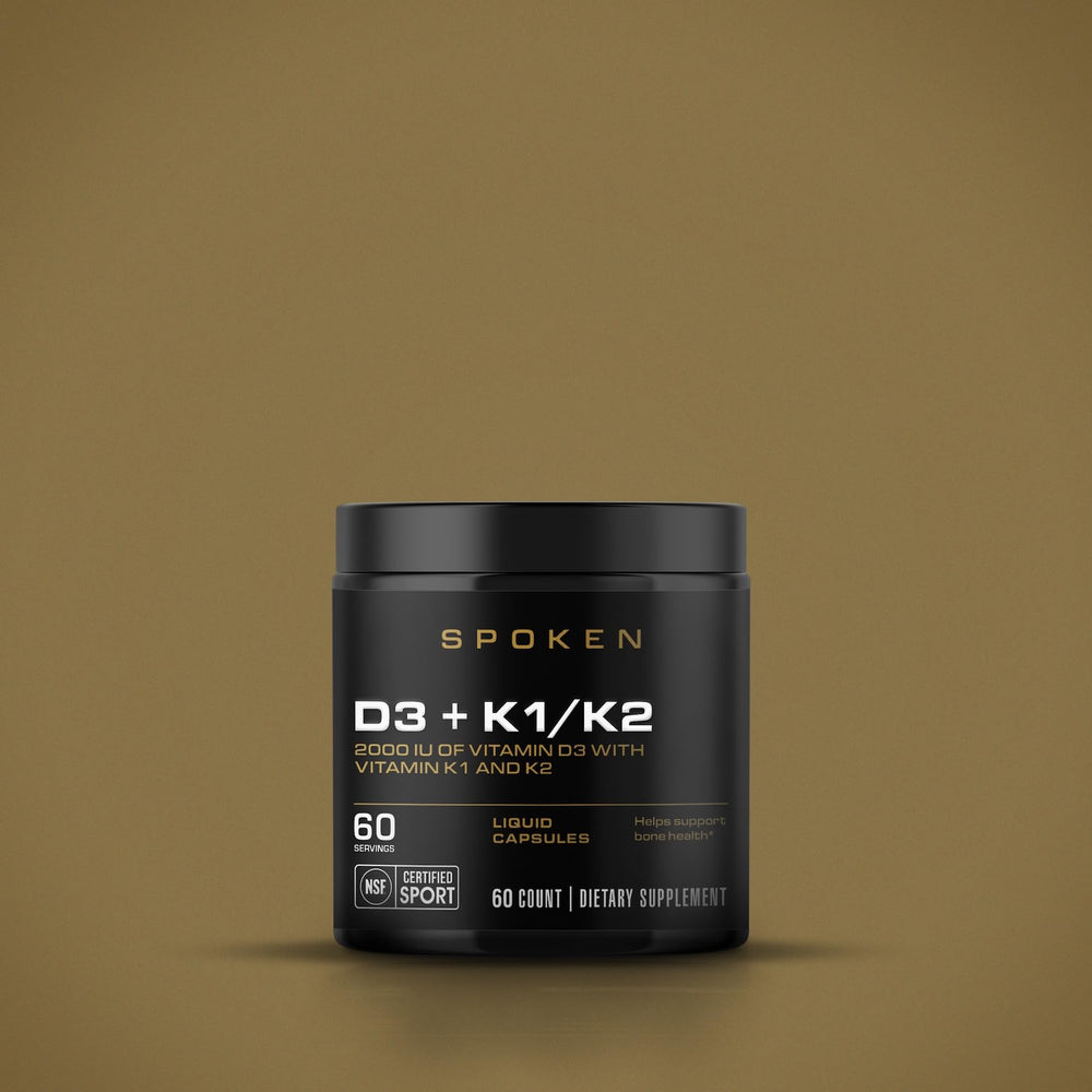 Spoken Vitamin D3 with K1 and K2 softgel pour showing easy daily intake for joints