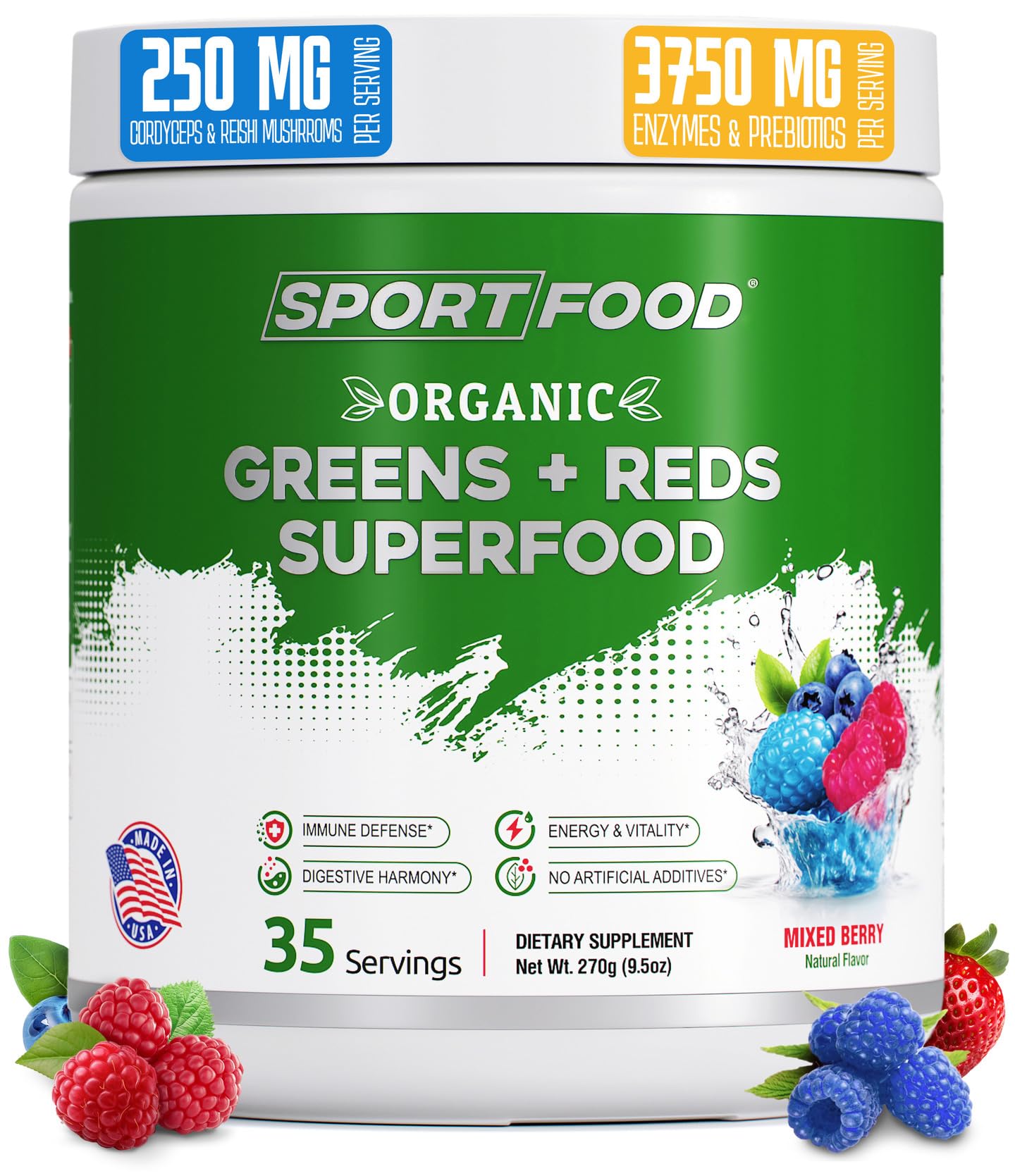 Sport Food Greens & Reds powder canister with berries boosts antioxidant intake and daily energy.