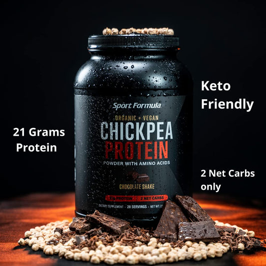 Sport Formula 99 chocolate scoop close-up highlighting 21g protein per serving.