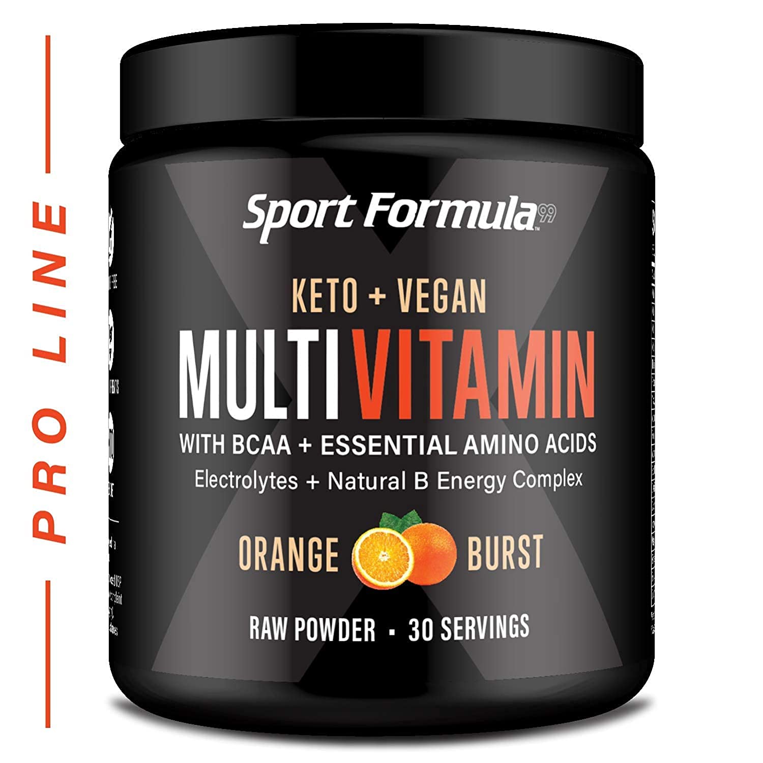 Sport Formula 99 Orange Burst bottle shows keto vegan multivitamin energy support