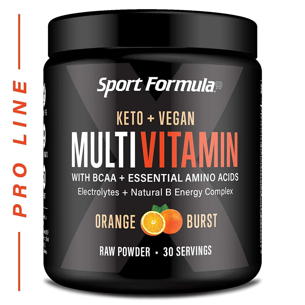 Sport Formula 99 Orange Burst bottle shows keto vegan multivitamin energy support