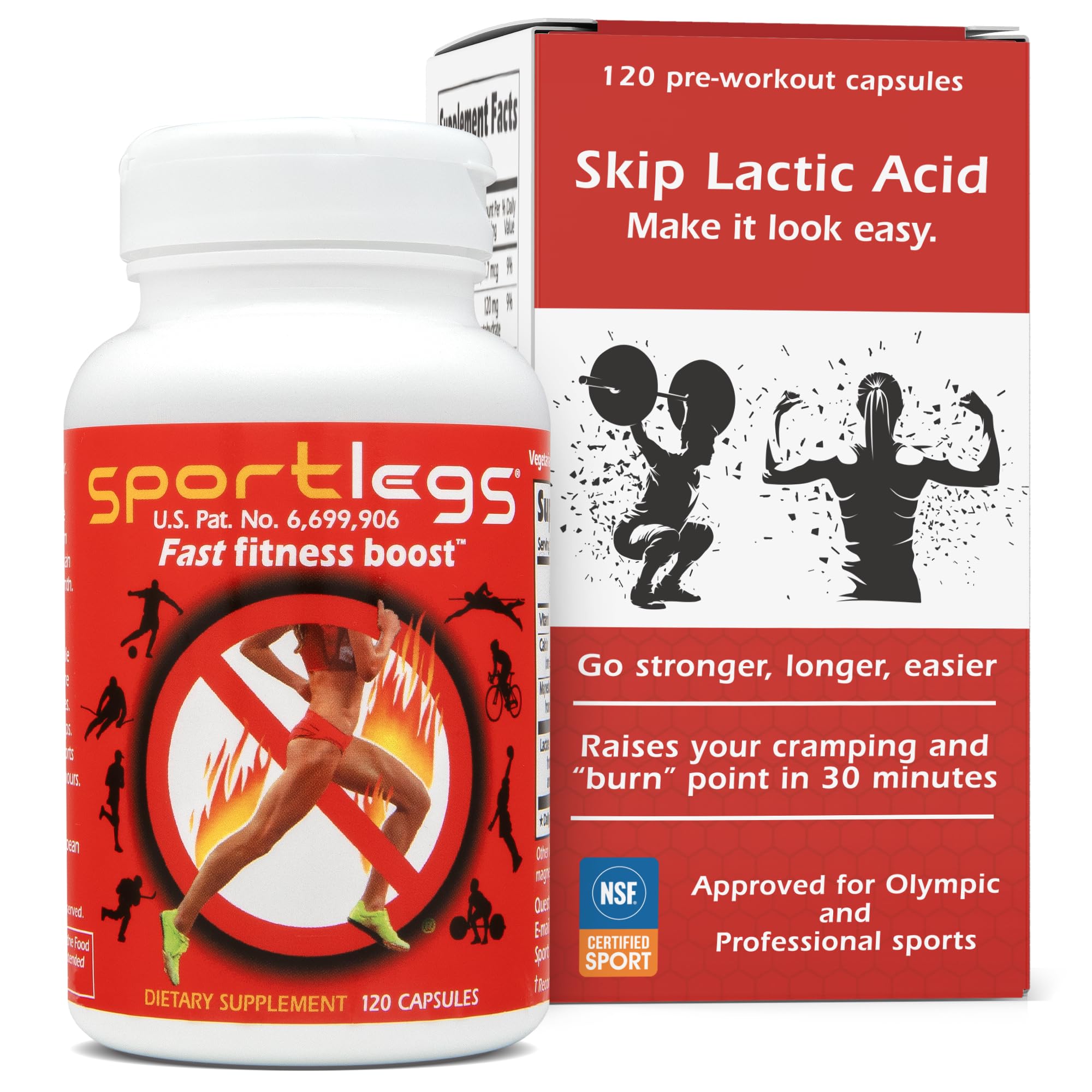 SPORTLEGS bottle front label showcases non-stimulant pre-workout option for endurance.