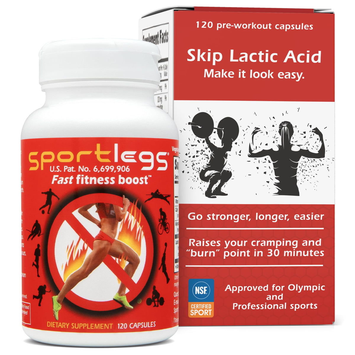 SPORTLEGS bottle front label showcases non-stimulant pre-workout option for endurance.