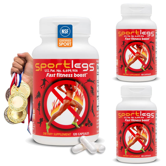 SPORTLEGS pre-exercise metabolic primer bottle with label, supports steadier pacing before workouts.