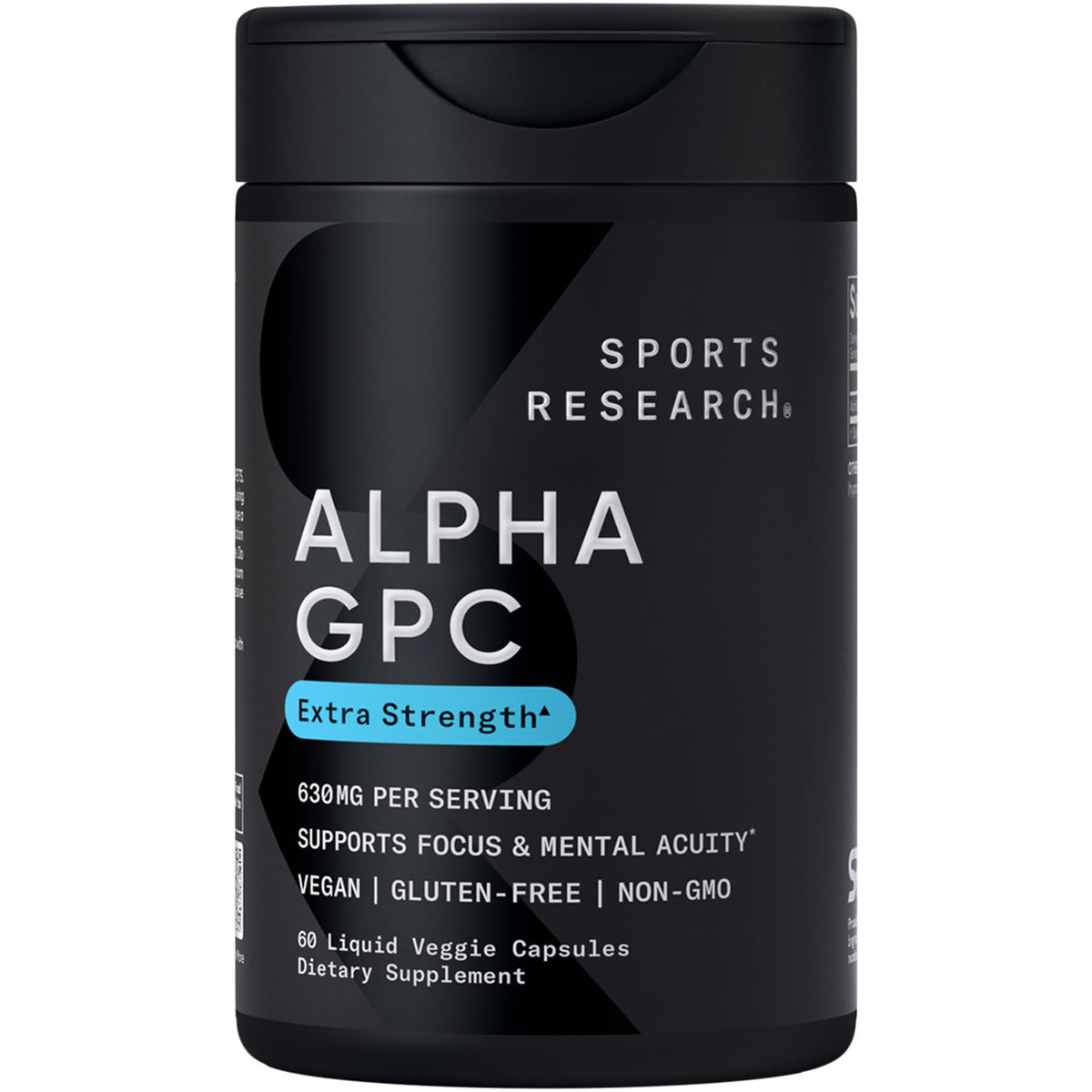 Sports Research Alpha GPC 630mg bottle front view for focus support