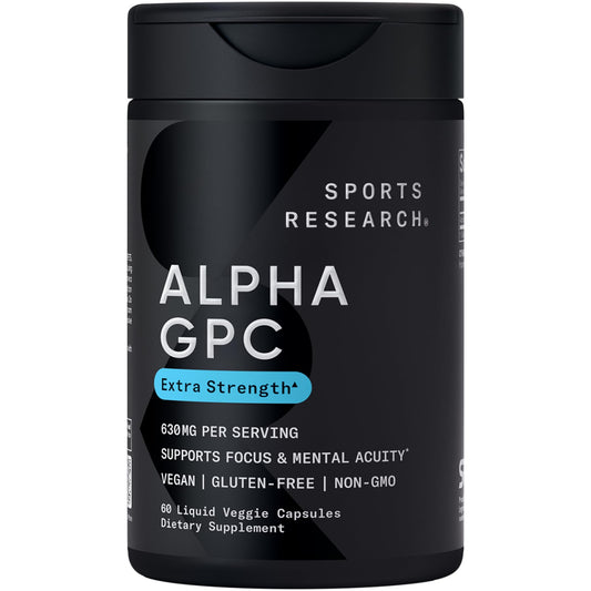 Sports Research Alpha GPC 630mg bottle front view for focus support