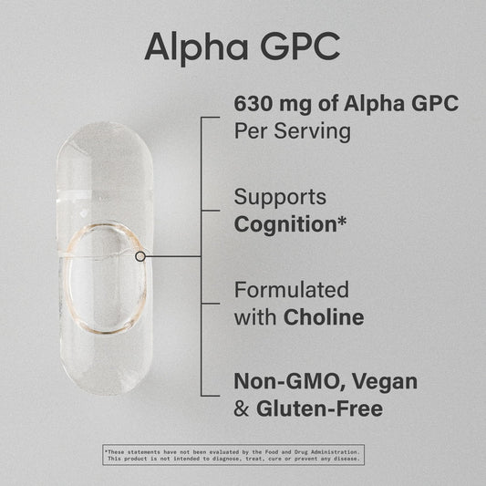 Sports Research Alpha GPC 630mg capsules inside bottle for daily cognitive support