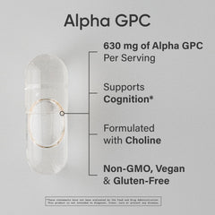 Sports Research Alpha GPC 630mg capsules inside bottle for daily cognitive support