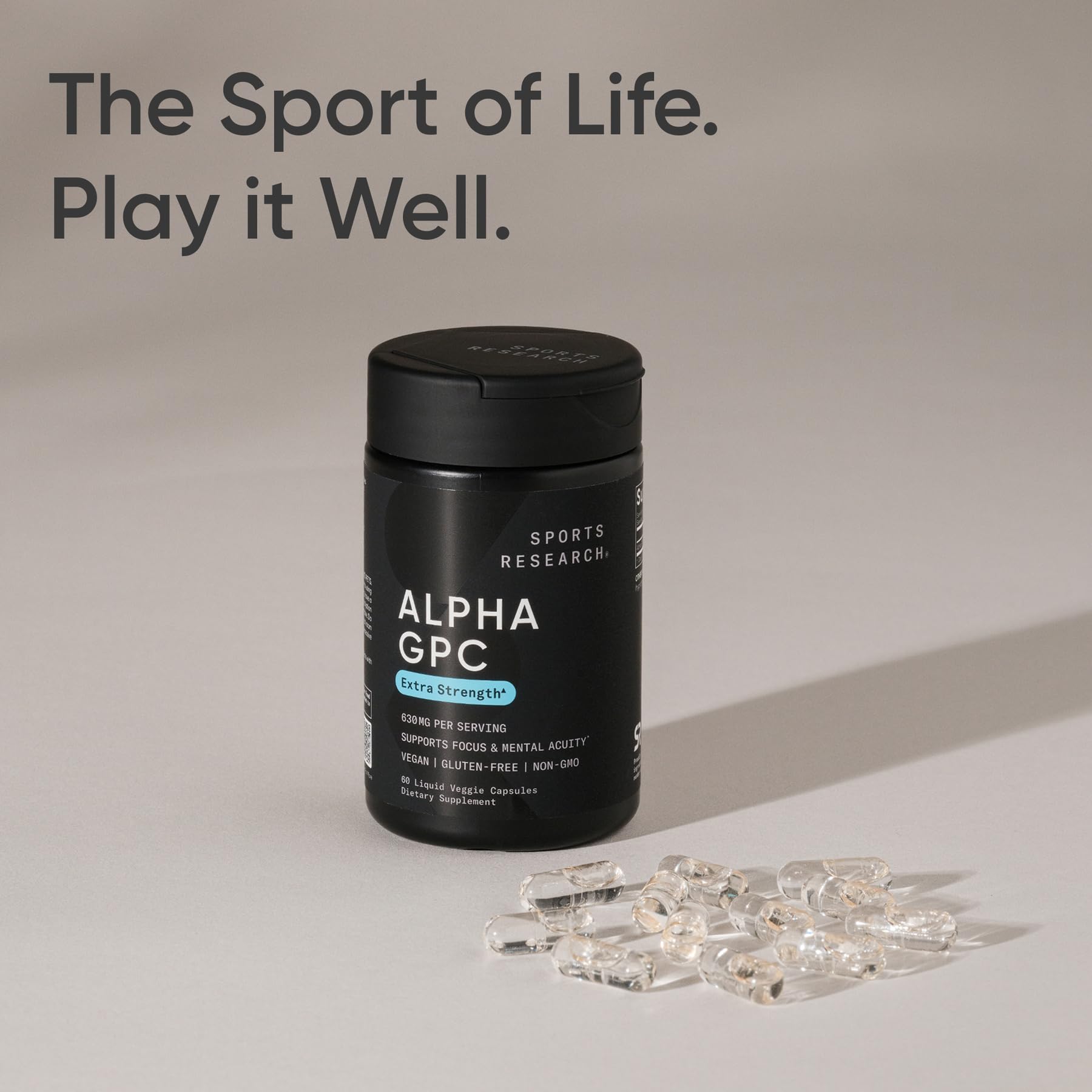 Sports Research Alpha GPC 630mg capsules poured for quick daily use