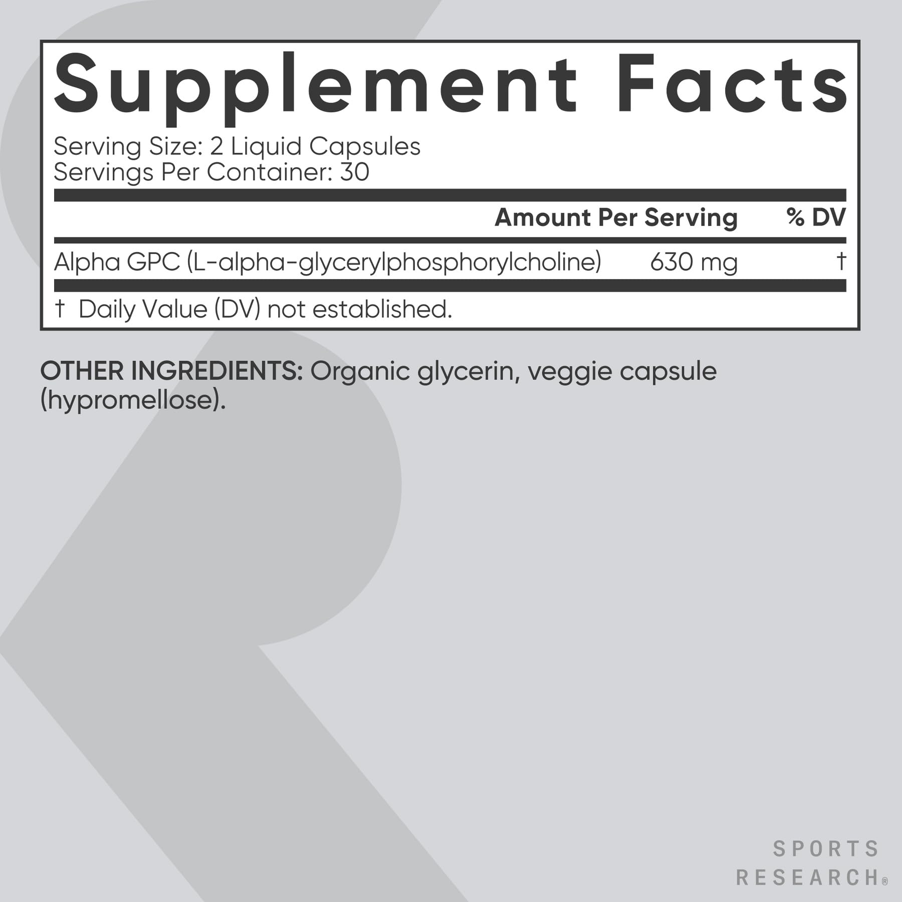 Sports Research Alpha GPC 630mg product display for performance support