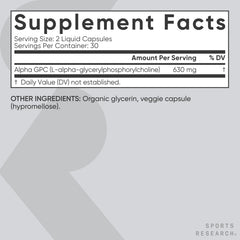 Sports Research Alpha GPC 630mg product display for performance support