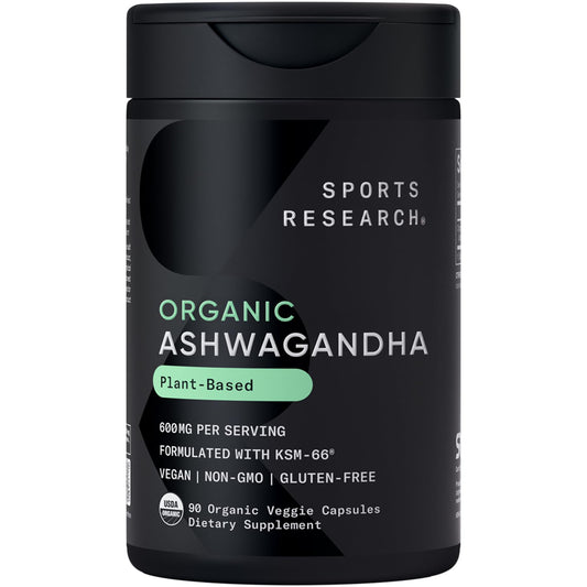 Sports Research Ashwagandha with KSM-66 bottle shows convenient daily capsules for calm.