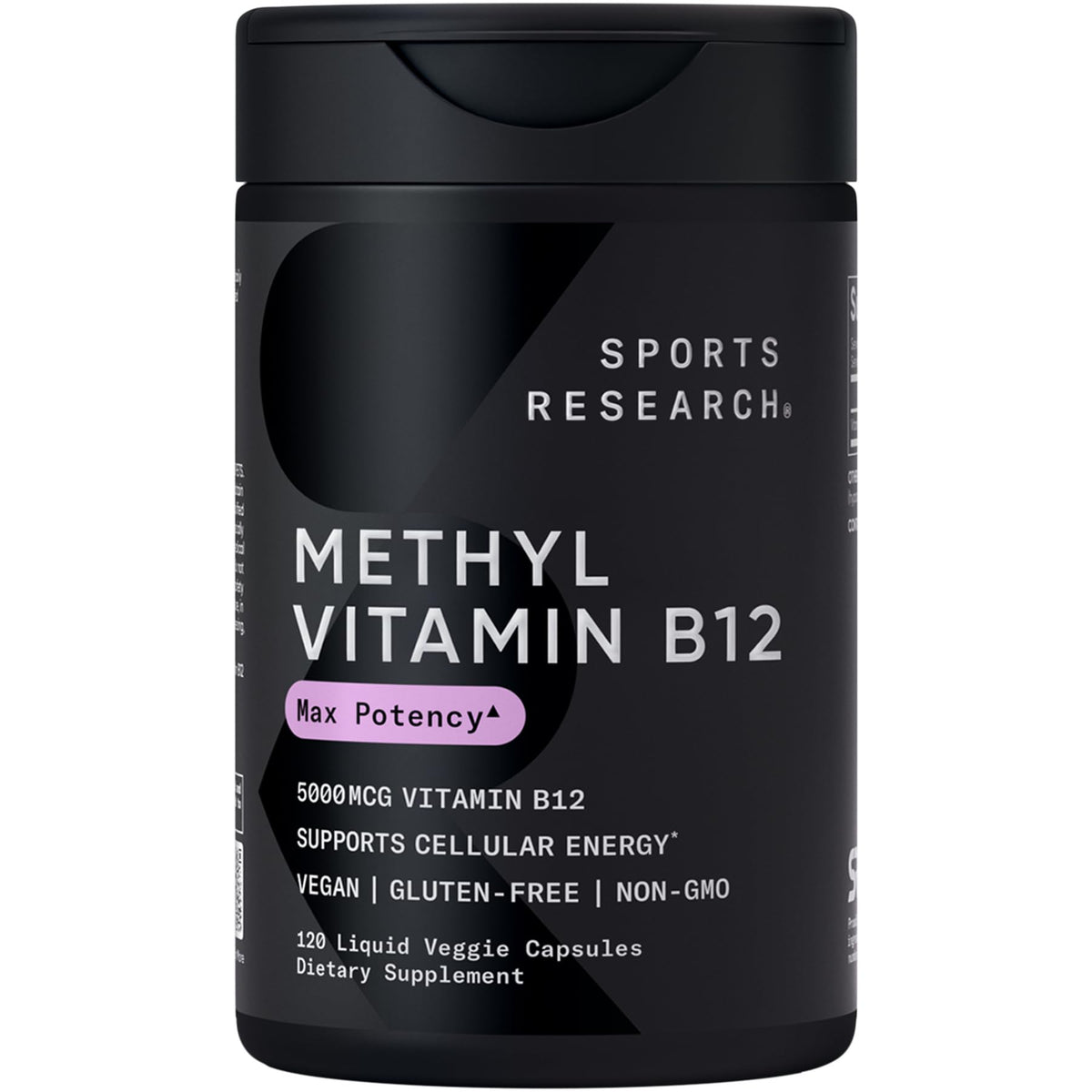 Sports Research B12 bottle label highlights methylcobalamin for energy support.