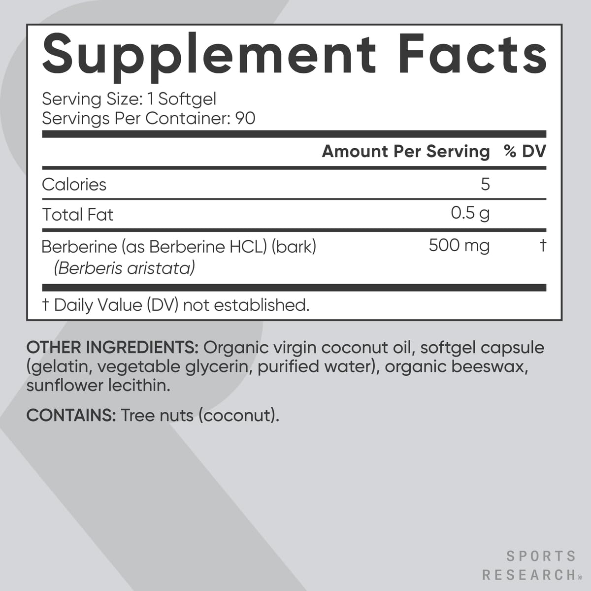 Sports Research berberine bottle on shelf highlighting gluten-free, non-GMO claims.