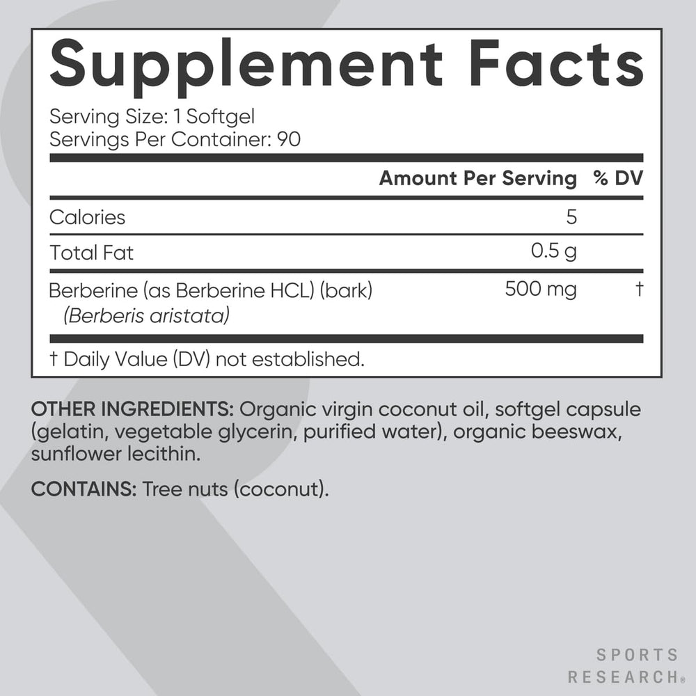 Sports Research berberine bottle on shelf highlighting gluten-free, non-GMO claims.