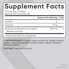 Sports Research berberine bottle on shelf highlighting gluten-free, non-GMO claims.