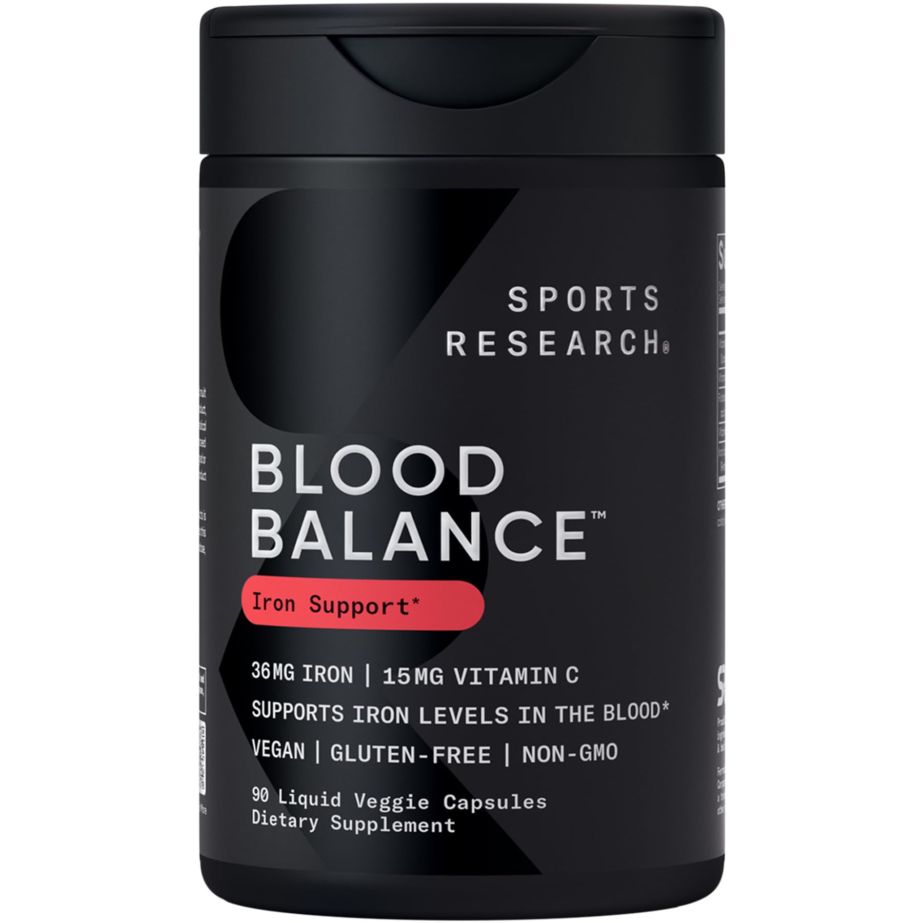 Sports Research Blood Balance bottle front highlighting iron support for daily energy.