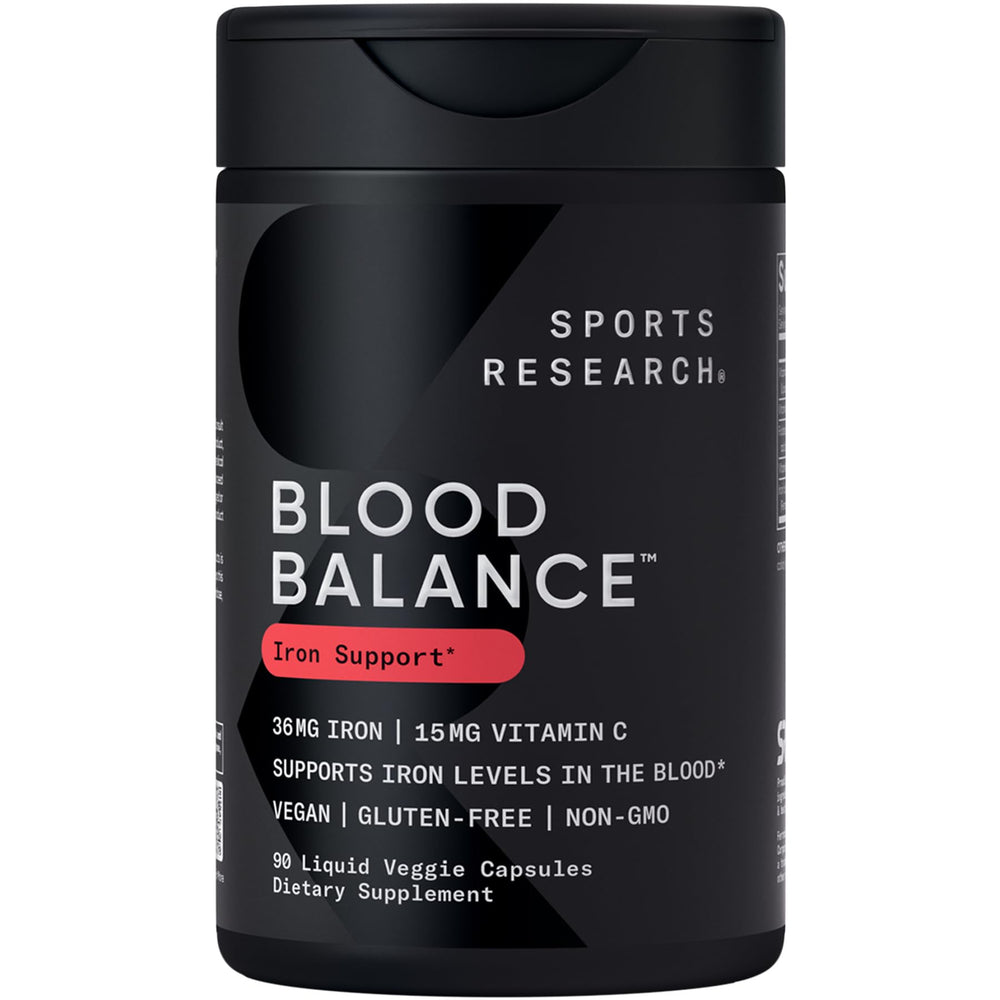 Sports Research Blood Balance bottle front highlighting iron support for daily energy.