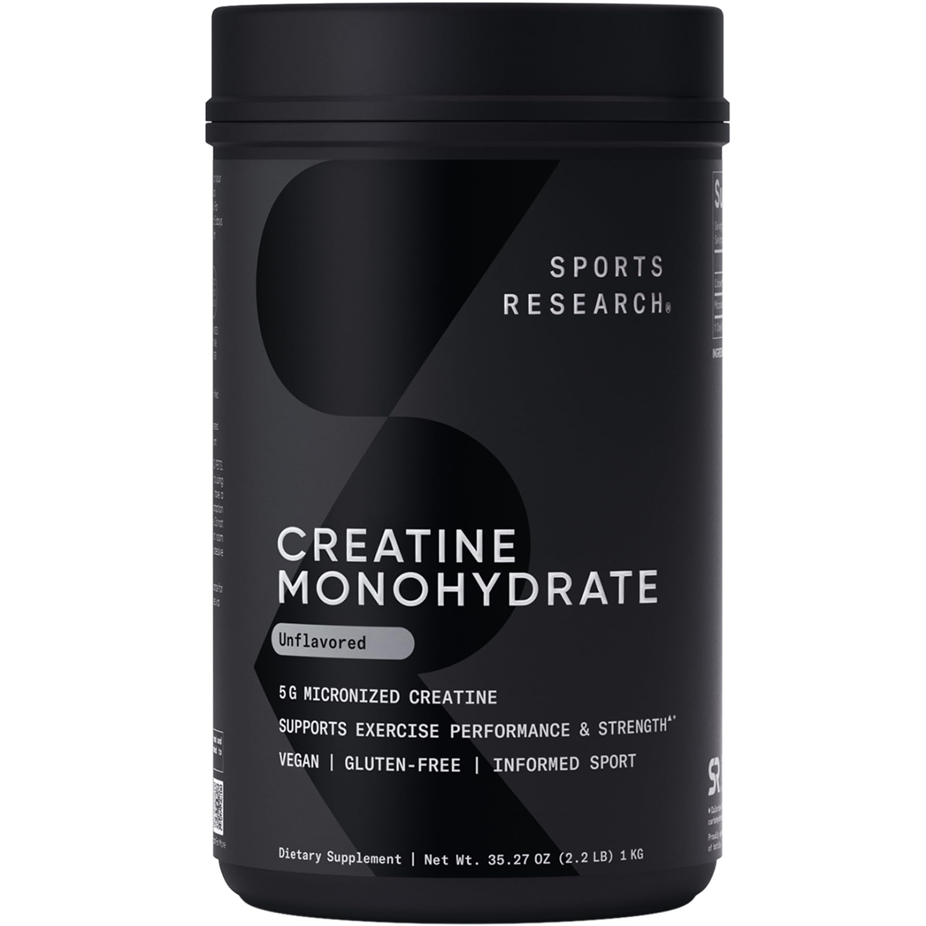 Sports Research Creatine Monohydrate bottle label shows micronized formula for easy mixing.