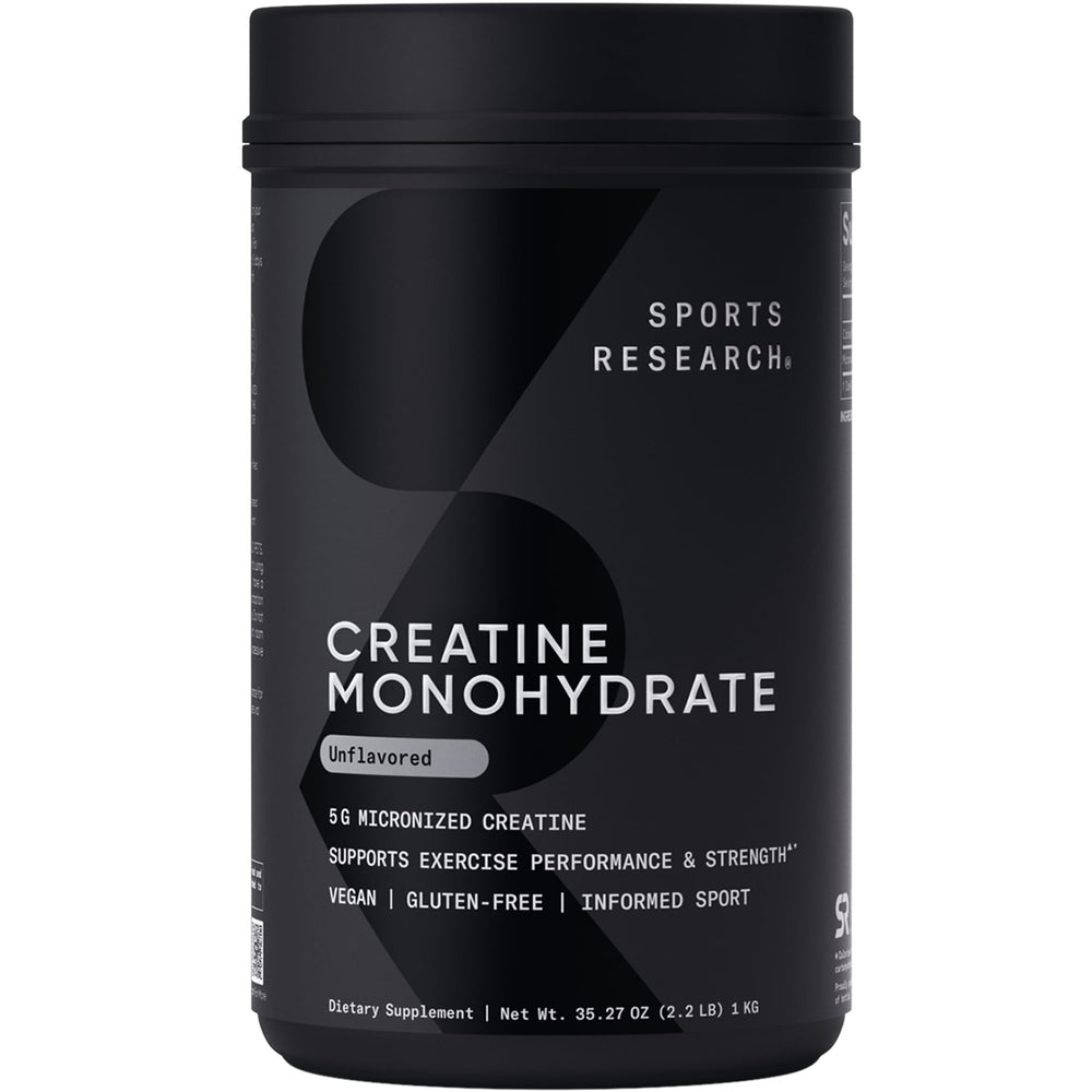 Sports Research Creatine Monohydrate bottle label shows micronized formula for easy mixing.