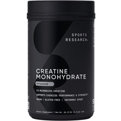 Sports Research Creatine Monohydrate bottle label shows micronized formula for easy mixing.