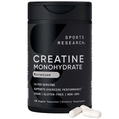 Sports Research Creatine Monohydrate Capsules bottle label highlights 5g serving and clean ingredients for peak training energy