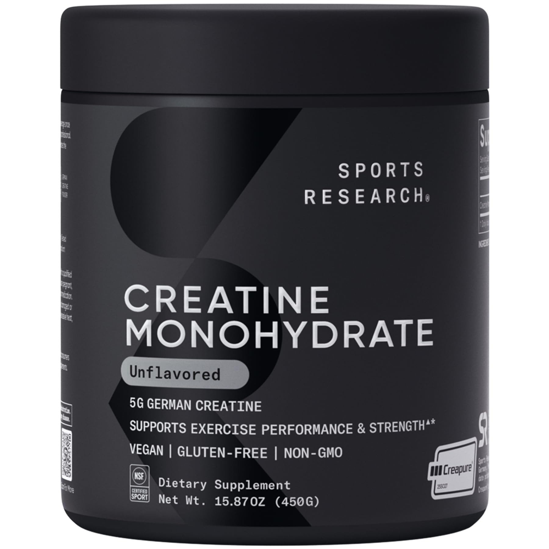 Sports Research Creapure Creatine Monohydrate bottle displaying trusted sport supplement.
