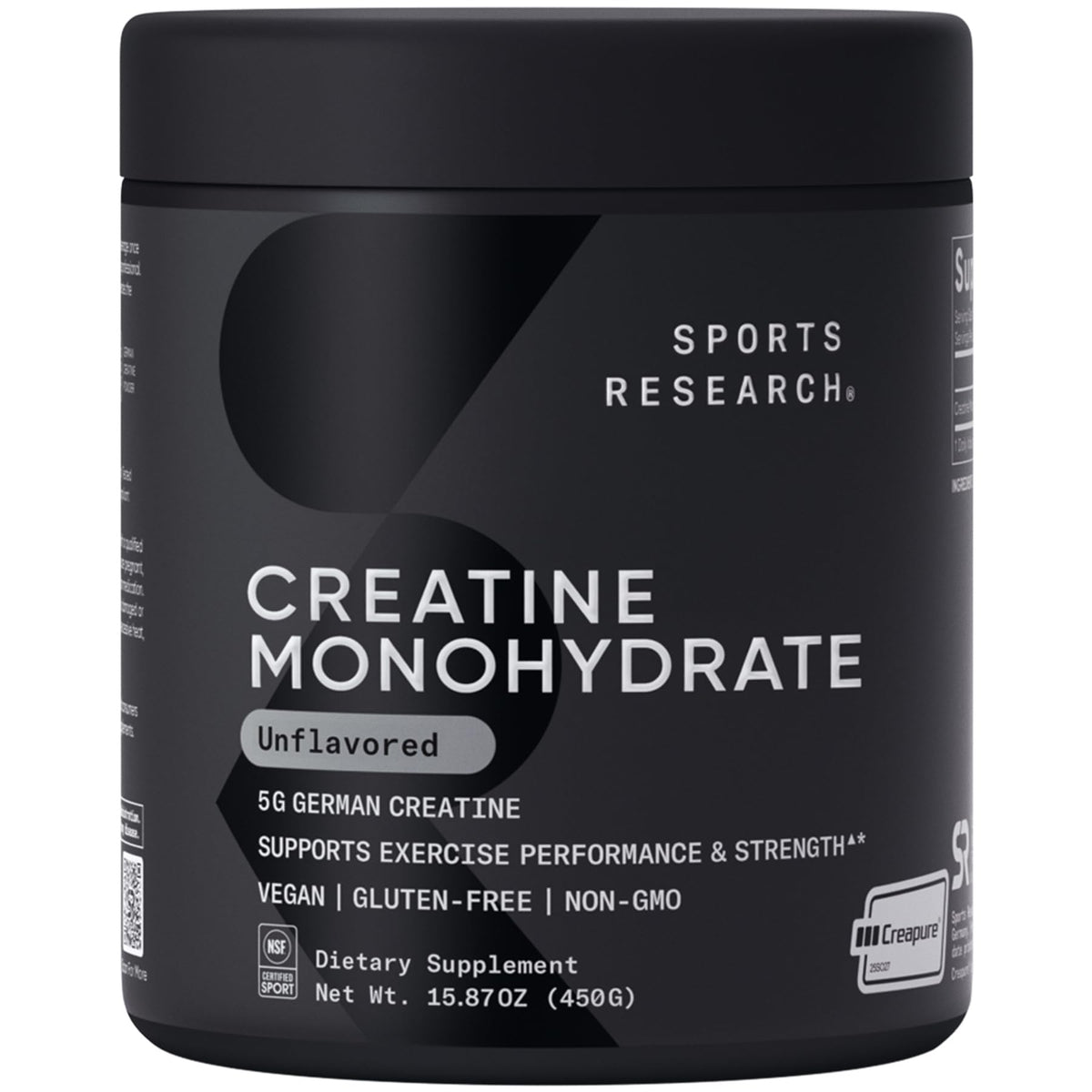 Sports Research Creapure Creatine Monohydrate bottle displaying trusted sport supplement.