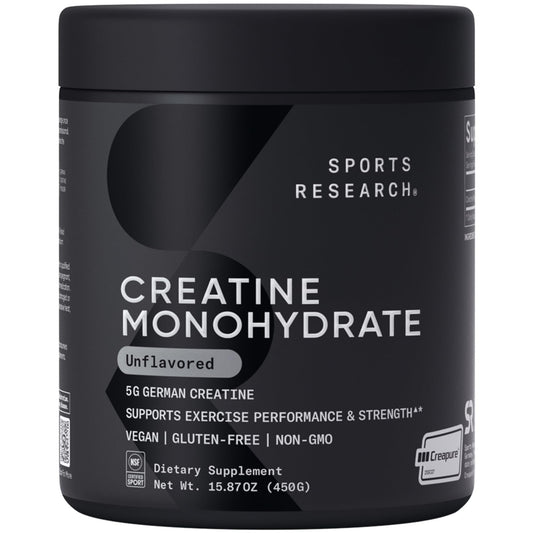 Sports Research Creapure Creatine Monohydrate bottle displaying trusted sport supplement.