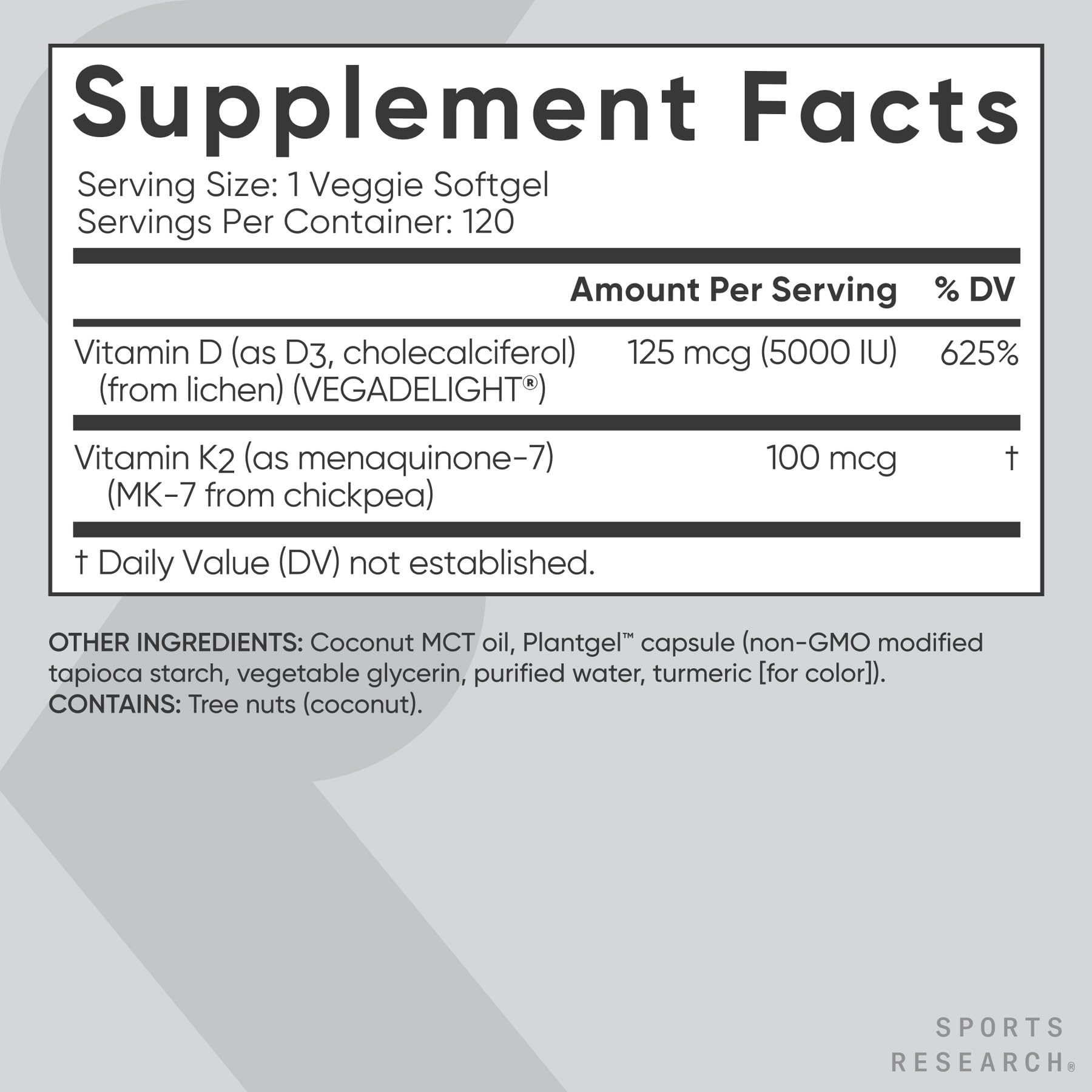 Sports Research D3 + K2 bottle with coconut MCT oil emphasis.