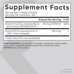 Sports Research D3 + K2 bottle with coconut MCT oil emphasis.