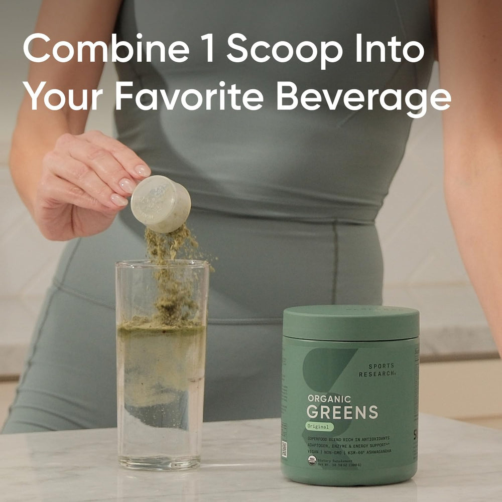 Sports Research Organic Greens Powder Pineapple Coconut bottle highlighting tropical flavor