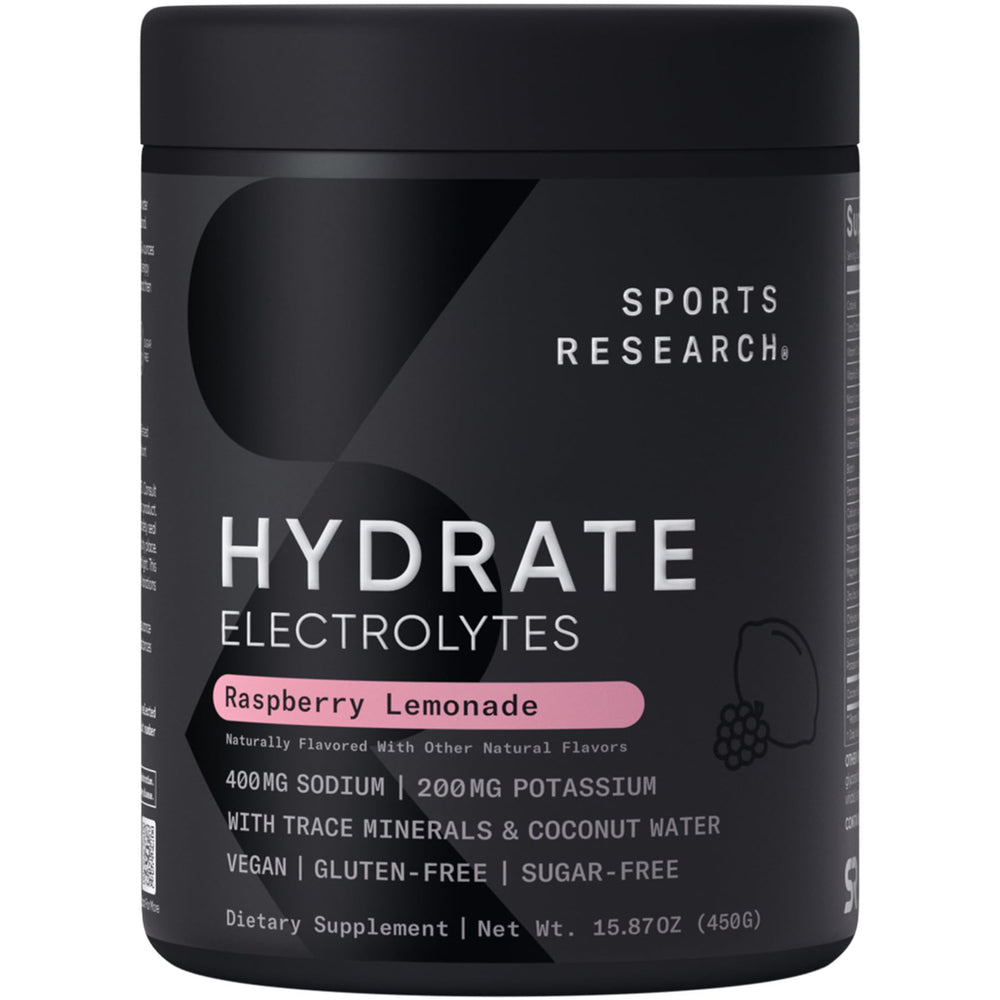 Sports Research Hydrate bottle-pour shows a sugar-free hydration mix during training.