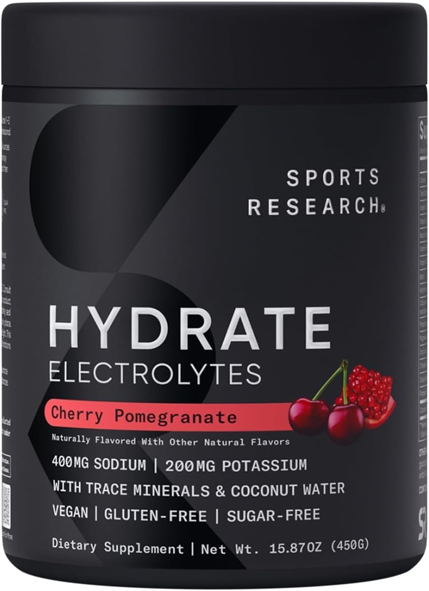 Sports Research Hydrate cherry pomegranate label emphasizes natural flavor and vitamin boost.