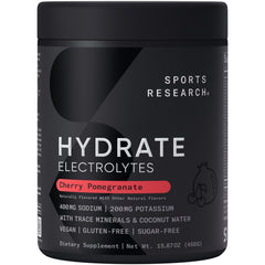 Sports Research Hydrate tub front showing sugar-free electrolyte powder for daily hydration.