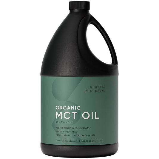 Sports Research Keto MCT Oil bottle on kitchen counter ready to mix into drinks.