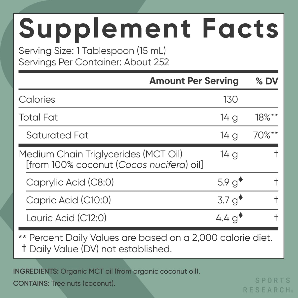 Non-GMO and vegan certification icons beside Sports Research MCT Oil.